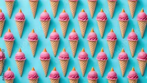 A vibrant pattern of pink ice cream cones arranged in neat rows against a bright turquoise blue background, creating a cheerful and summery visual