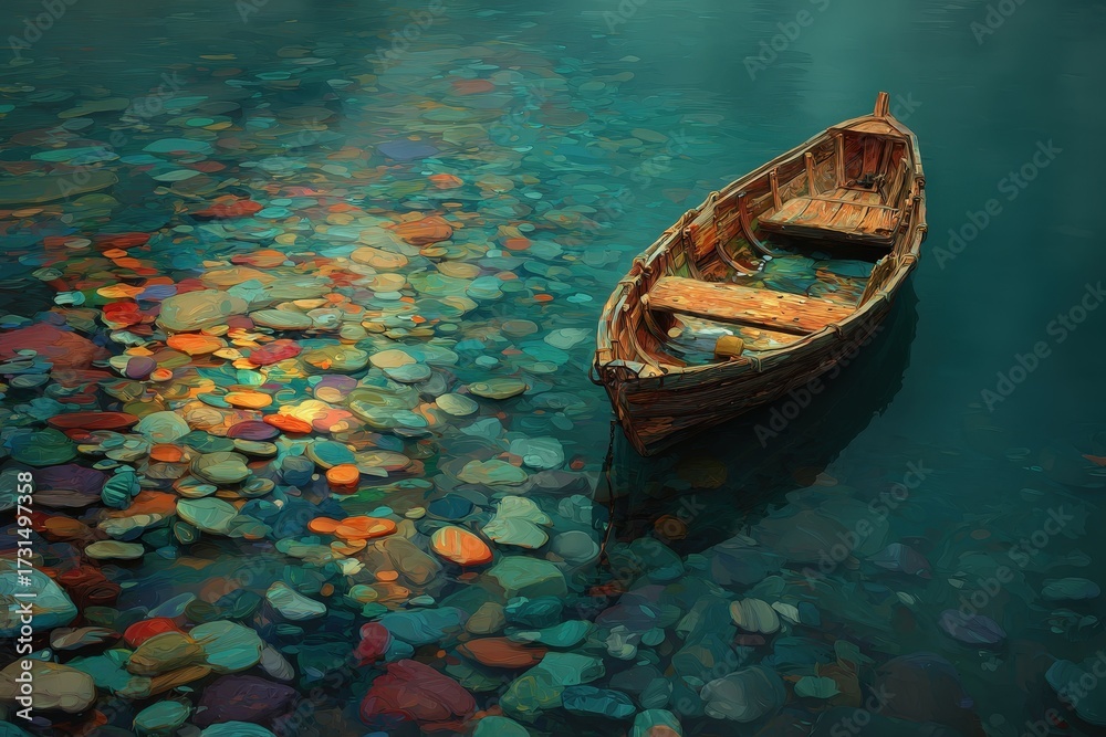 Obraz premium A serene scene of a weathered wooden boat resting on a bed of colorful stones in clear, teal water.