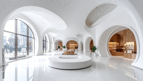 Bright, arched, futuristic interior with white and wood tones