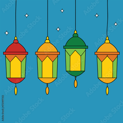 four lanterns hanging in a courtyard with colorful (1).eps