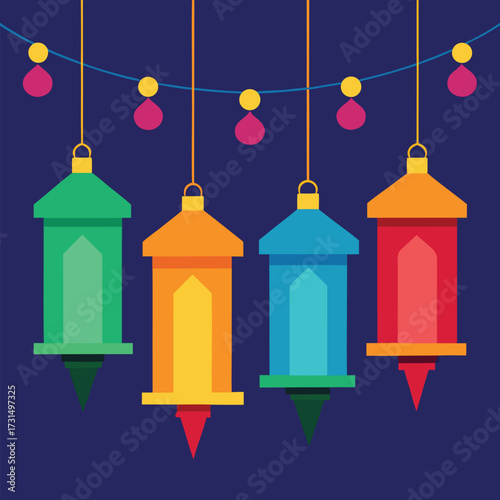 four lanterns hanging in a courtyard with colorful (2).eps