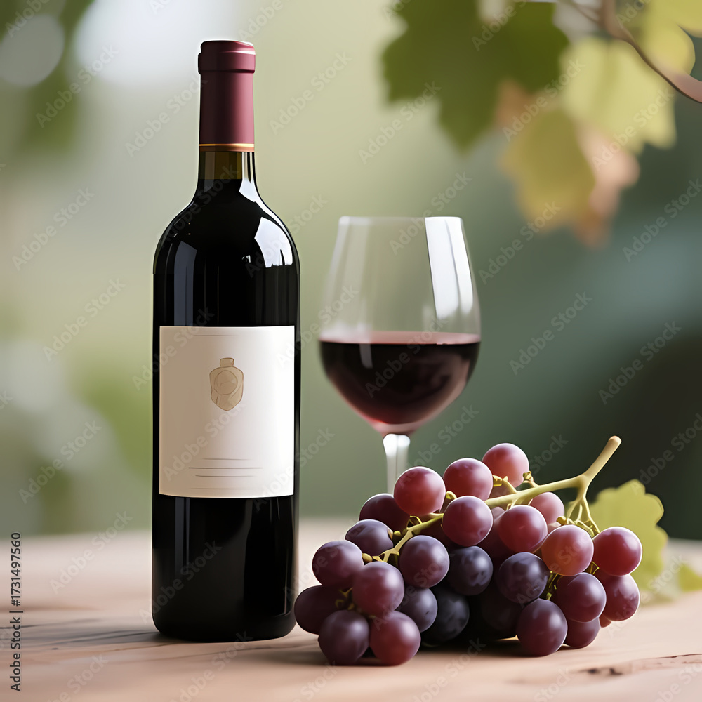 Obraz premium A wine bottle and grapes in soft focus.