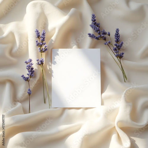 Elegant Lavender Flowers on Soft Creamy Fabric with Blank Card for Wedding or Spa Promotion