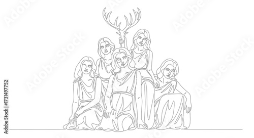Artistic Gathering of Women with Antlers as a Central Symbol in Minimalist Illustration, Emphasizing Connection and Mystery