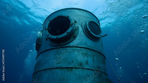 Underwater diving bell exploration in the deep blue sea with sunlight and bubbles visible