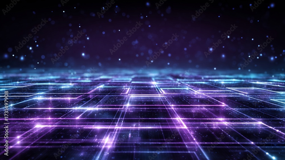 Obraz premium Abstract digital network background with glowing blue and purple lines, futuristic grid representing data flow, internet connectivity, and artificial intelligence technology.