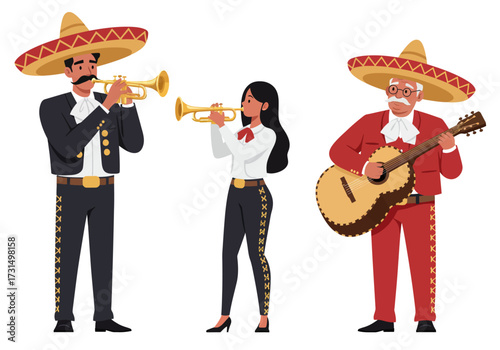 Three festive mariachi musicians in sombreros play trumpet and guitar energetically, suitable for music events, cultural designs, and celebrations.