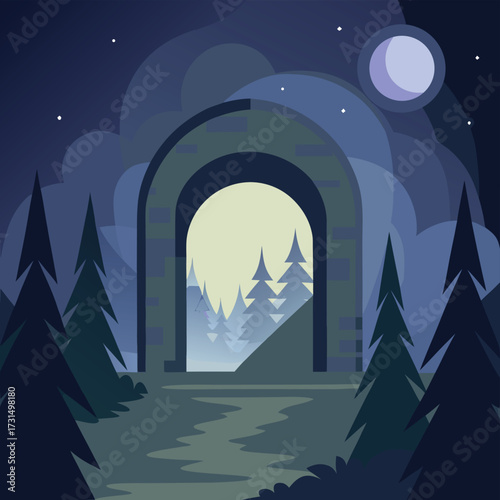 moonlight shining through forest stone arch .eps