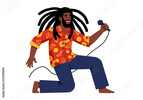 Man with dreadlocks performing on stage, singing into microphone, suitable for music industry or concert promotion materials.