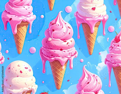 Pink ice cream cones pattern, dripping on blue backdrop