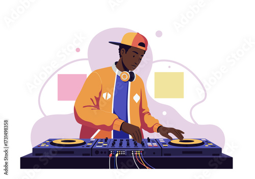 Dj performing music live with turntable and headphones. Perfect for music events, dj promotions, concert posters, and nightlife designs.