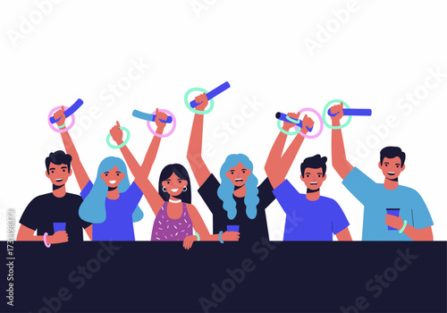 Group of six people cheering with drinks, suitable for celebrations, parties, social gatherings, happy moments, friendship, joy, and toasting events.