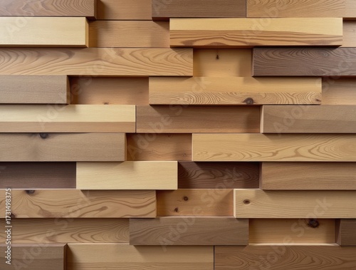 A close up of a wall made of different shades of wood planks in a staggered and layered pattern design