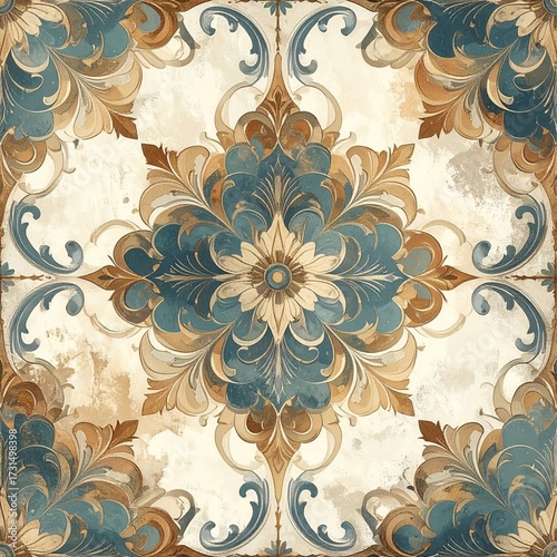 Ornate tile pattern, floral center, blue and gold hues