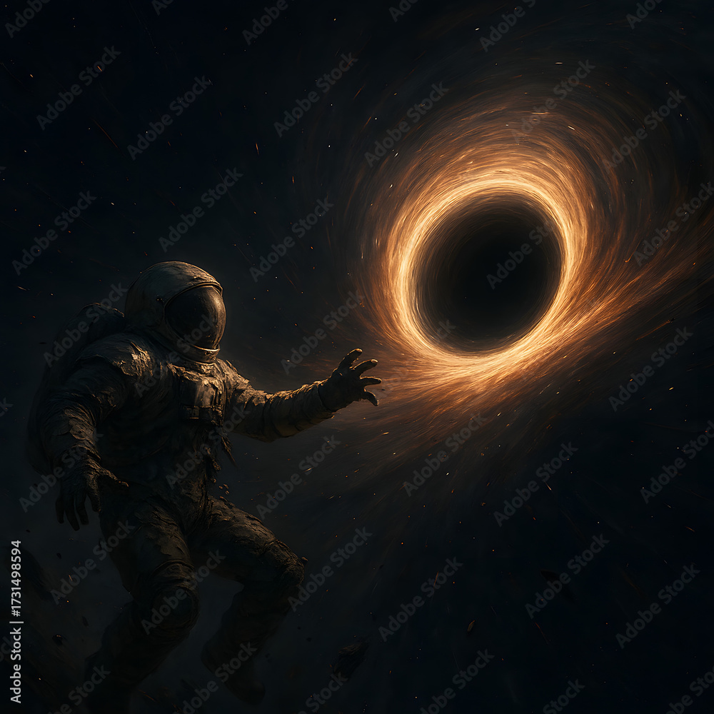 Fototapeta premium Astronaut Trapped Near Black Hole in Deep Space