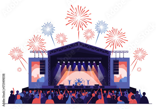 Crowd celebrating at a concert with fireworks above the stage ideal for event promotions, party invitations, and music advertisements.