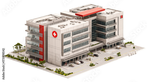 Hospital building in 3D with red cross signage, isolated on a Transparent background, PNG file.