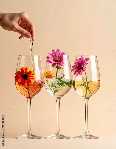 Flowers in wine glasses, hand adding straw on beige backdrop