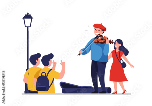 Street performer playing violin for audience near lamp post. Suitable for music, entertainment, and city lifestyle concepts in design.
