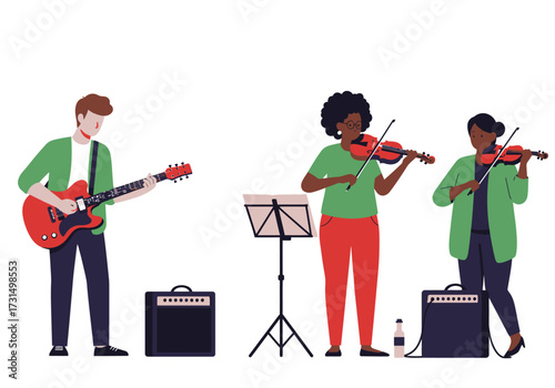 Guitarist and violinists perform, showcasing musical harmony. Ideal for music events and concert promotions. Perfect for music industry graphics.