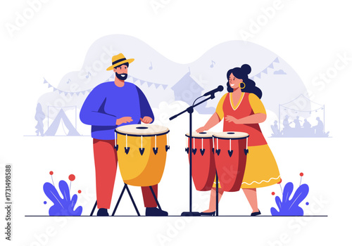 Two musicians perform with conga drums and sing enthusiastically on a vibrant festival stage. Suitable for music events posters or promotions.
