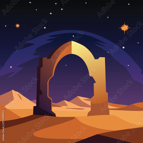 towering desert arch under milky way .eps