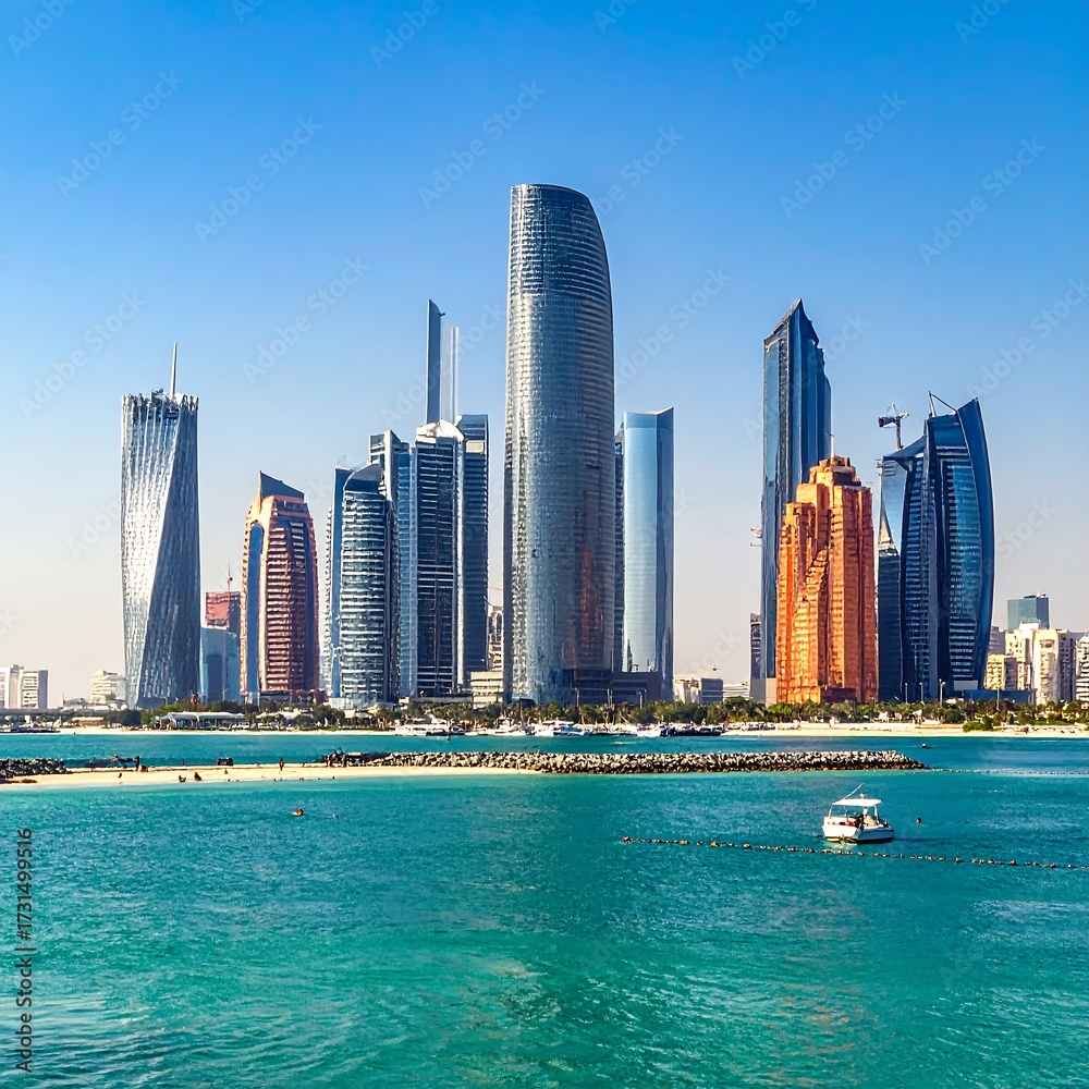 Obraz premium City skyline with skyscrapers and water. Modern buildings along a shoreline under a bright blue sky
