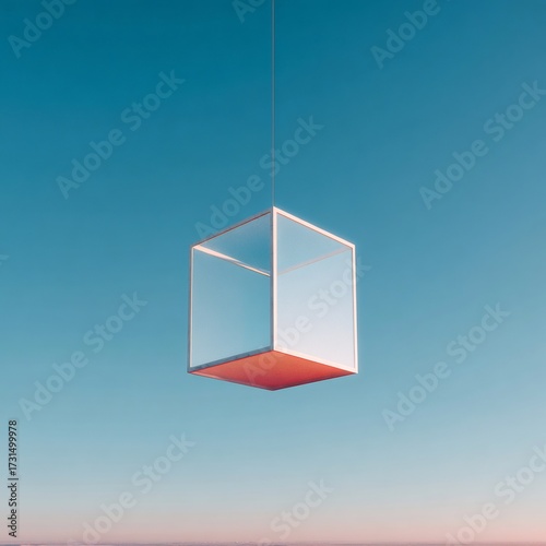 Abstract transparent cube with glowing orange base floating in a vast minimalist blue sky.