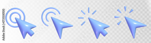 Violet arrow pointer set. Collection of UI elements, 3d mouse cursor icon