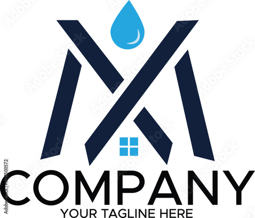Letter M Cleaning Services Logo with Water Drop and House Window , Modern Cleaning Company Branding