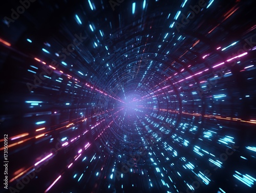 Wallpaper Mural Futuristic Digital Tunnel with Glowing Neon Lights and Abstract Motion Background Torontodigital.ca