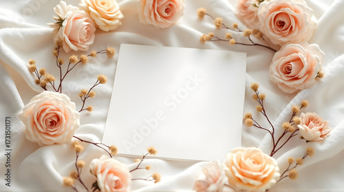 Elegant Peach Roses and Soft Satin Fabric Surrounding Blank White Card for Wedding or Romantic Event