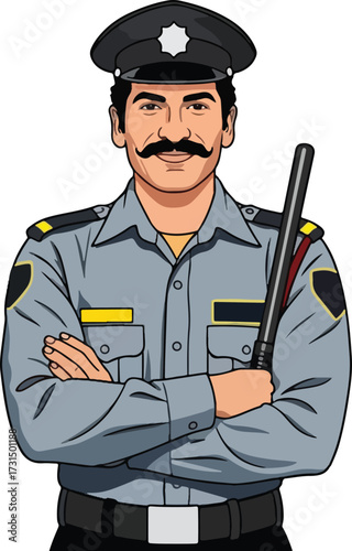 An Indian security guard with a stick vector illustration