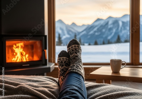 Cozy winter scene with feet by fireplace and mountain view