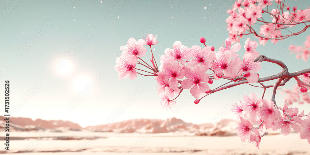 Fototapeta premium Serene landscape with blooming pink trees, tranquil scenery at sunset, perfect for relaxation and nature themes.