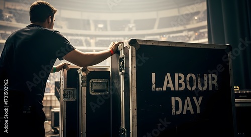 Backstage crew member setting up for Labour Day event worker stage concert venue setup hardwork cases