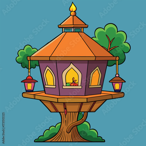 a diwali lantern lit glowing treehouse .eps