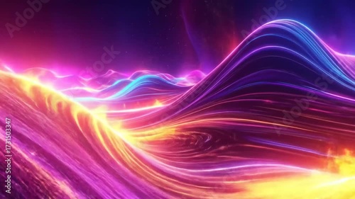 Vivid neon landscape with undulating hills of vibrant pink, orange, and blue light, ethereal and