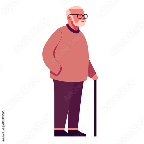 Elderly man with white hair and beard standing with walking cane wearing glasses and casual clothing flat minimalist vector illustration
