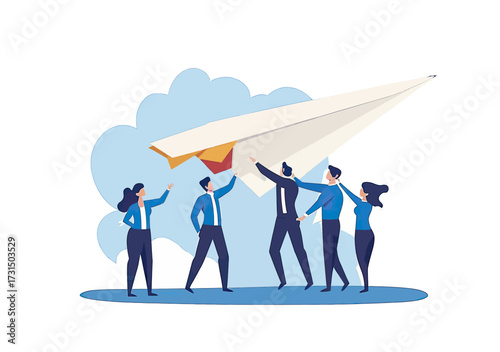 Team collaboration lifting large paper airplane together business people teamwork and leadership success concept flat vector illustration