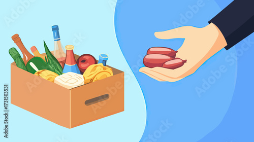 Hand Offering Dates Fruit with Cardboard Box Containing Assorted Groceries Including Vegetables, Bottled Drinks, and Bread in Flat Minimalist Style Vector Illustration for Food Donation Concept