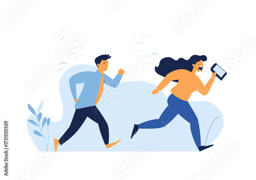 Angry woman running with smartphone and frustrated businessman chasing her with flying papers flat vector illustration for customer complaint dissatisfaction concept