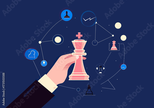Business strategy concept with hand holding chess king piece and connected icons for decision making, analytics, competition, and leadership in flat vector illustration