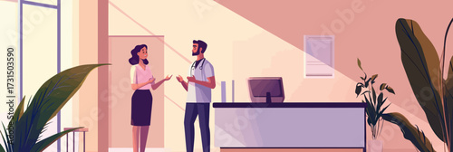 Doctor and female patient consultation in medical clinic reception area with modern interior and plants flat vector illustration concept