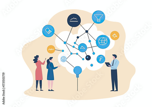 Business people analyzing creative mind map diagram with interconnected idea nodes for problem solving and strategic planning in flat vector style