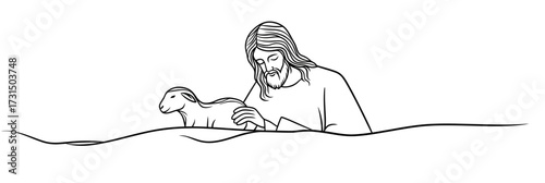 Minimalist one line drawing of spiritual Jesus Christ tenderly holding and comforting lamb outline on white background vector art