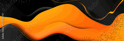Abstract orange and black liquid wave flow with holographic gradient and dotted texture on dark minimalist background vector illustration design