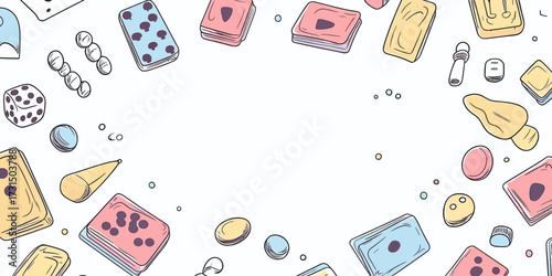 Hand drawn doodle board game elements frame with playing cards dice tokens pawns flat minimalist vector illustration for game competition banner background design