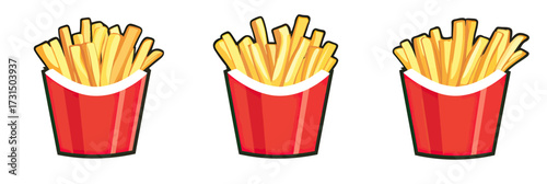 Set of three red containers filled with crispy yellow french fries cartoon illustration in flat minimalist vector style fast food snacks collection design