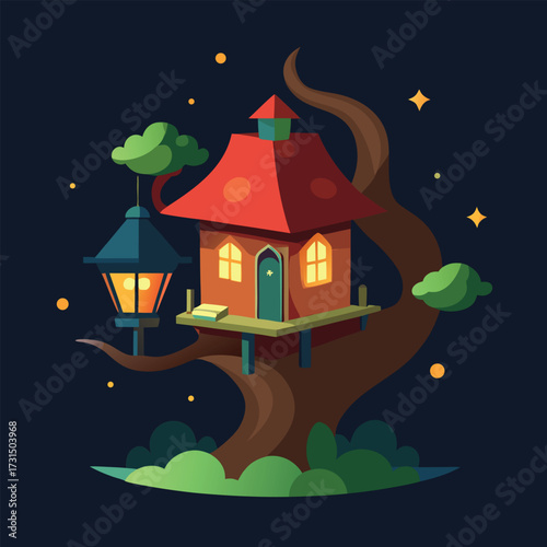a glowing lantern lit storybook treehouse village  (1).eps